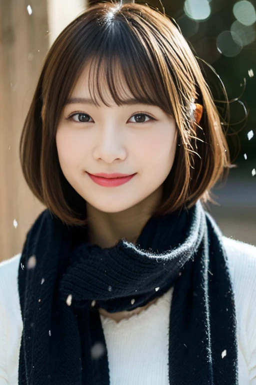 ((No makeup))、(realistic、Photoreal、super detailed、best detailed skins、highest quality、masterpiece、Super high resolution)、cute japanese woman、、high school girl、young girl、1 girl、have bangs、double eyelid、drooling eyes、big black eyes、attractive、purity、かわいいsmile、smile、watch here、realistic肌タイプ、thick muffler、fluffy hair、((hair is inside the scarf))、red cheeks、medium bob cut