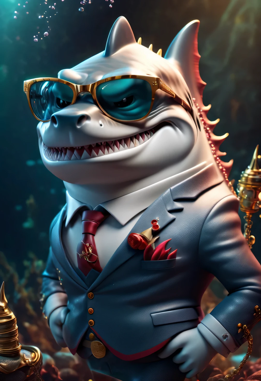 （character idea），Very unified CG design，（The leader of the Jaws gang in Reno wears sunglasses，Smoking a cigar.），（whole body），inspired by animation《shark story》，The Reno great white shark is a giant、majestic great white shark，Wearing a red gemstone necklace and gold sunglasses，His skin is dark blue，Covered with white scars，His eyes are cold silver，Shining with cunning and wisdom, His teeth are very sharp，The tail is thick and powerful，background：Underwater Fairy Tale Office、bank office ，gas coming out of water，bubble，Anthropomorphic cartoon、Pixar、cartoon、disney、