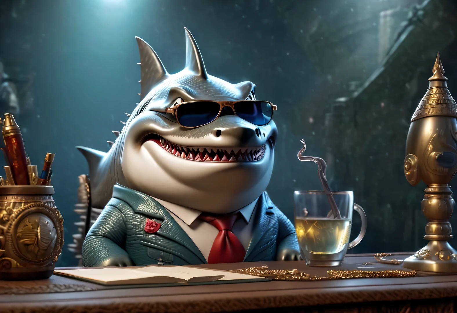 （character idea），Very unified CG design，（The leader of the Jaws gang in Reno wears sunglasses，Smoking a cigar.），（whole body），inspired by animation《shark story》，The Reno great white shark is a giant、majestic great white shark，Wearing a red gemstone necklace and gold sunglasses，His skin is dark blue，Covered with white scars，His eyes are cold silver，Shining with cunning and wisdom, His teeth are very sharp，The tail is thick and powerful，background：水下童话城市bank office、bank office ，deflate，Anthropomorphic cartoon、Pixar、cartoon、disney、