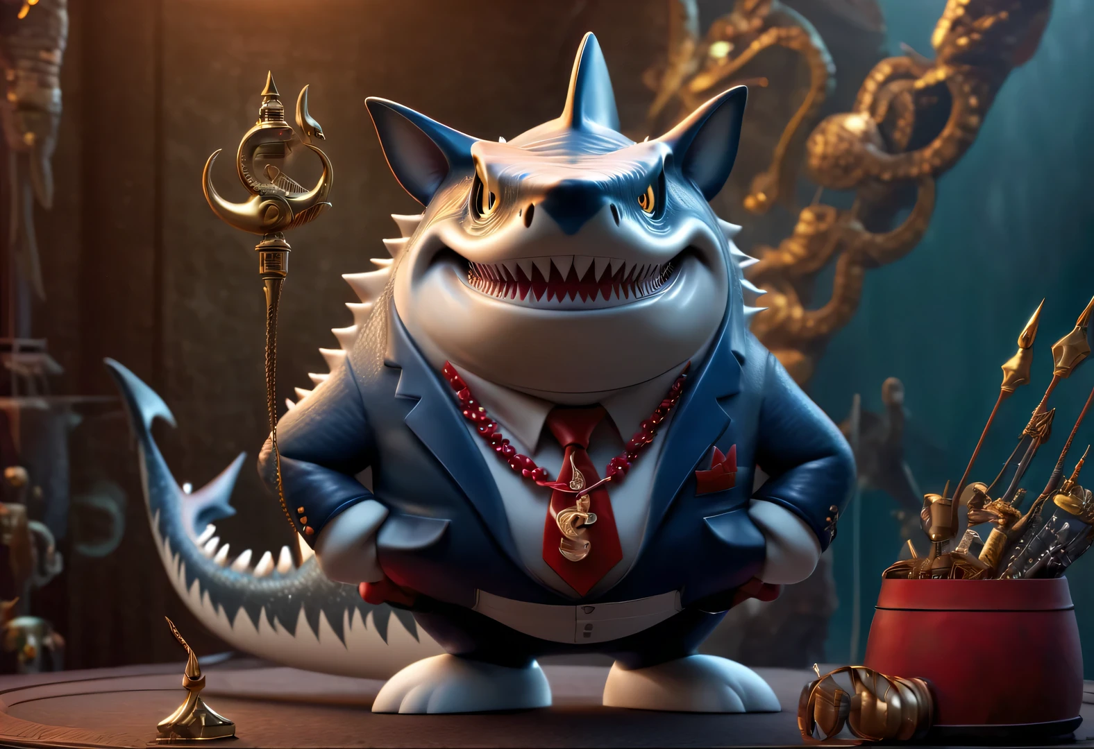 （character idea），Very unified CG design，（The leader of the Jaws gang in Reno wears sunglasses，Smoking a cigar.），（whole body），inspired by animation《shark story》，The Reno great white shark is a giant、majestic great white shark，Wearing a red gemstone necklace and gold sunglasses，His skin is dark blue，Covered with white scars，His eyes are cold silver，Shining with cunning and wisdom, His teeth are very sharp，The tail is thick and powerful，background：水下童话城市bank office、bank office ，deflate，Anthropomorphic cartoon、Pixar、cartoon、disney、