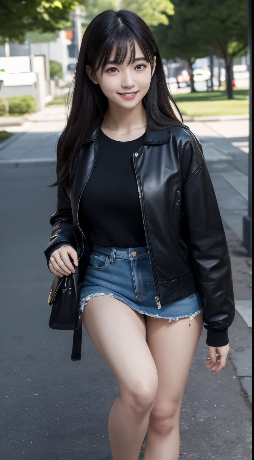 Innocent girl、Plump thighs、mini skirt、Dark orange luxury jacket、black hair、Black shorts、cute face,bright eyes,tear bag,honeycomb smile、shy smile,shortcut、Background of a park where the sun can be seen、Diagonal hanging bag、bright background、(highest quality:1.0), (realistic:1.0), (8K, RAW photo:1.1), (8k非常にbe familiar withなCGユニットの壁紙), (highest quality), (best illustrations), (best shadow), (be familiar with: 1.4), 3D, HDR (high dynamic range), ray tracing, NVIDIA RTX, super resolution, Scattered beneath the surface, PBR texture, Post-processing, anisotropic filtering, written boundary depth, maximum sharpness and acutance, multilayer texture, Albedo and highlight mapping, surface shading, Accurate simulation of light-matter interactions, perfect proportions, octane rendering, surreal、Photographed with Canon EOS R5、50mm lens、f / 2.8