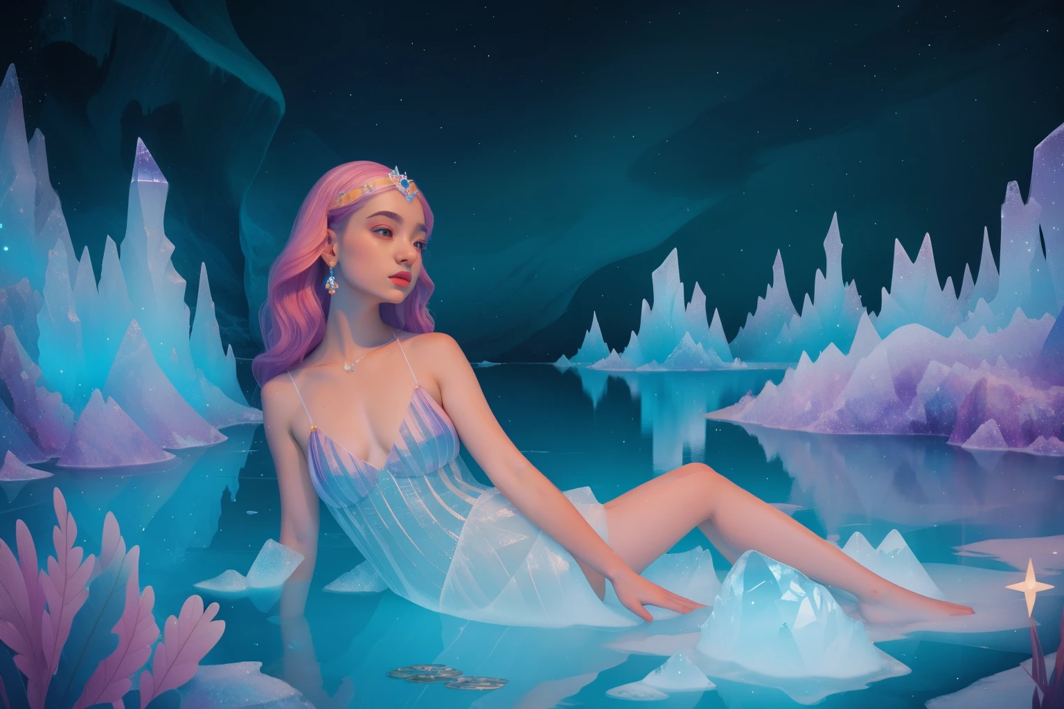 1630s Crystal Lagoon Illumination (Location: Crystal Lagoon)
Character: A mystical , with crystal-adorned attire, bathes in the luminous glow of a crystal lagoon during the 1630s. Wes Anderson's lagoon palette captures the magical radiance of the water.