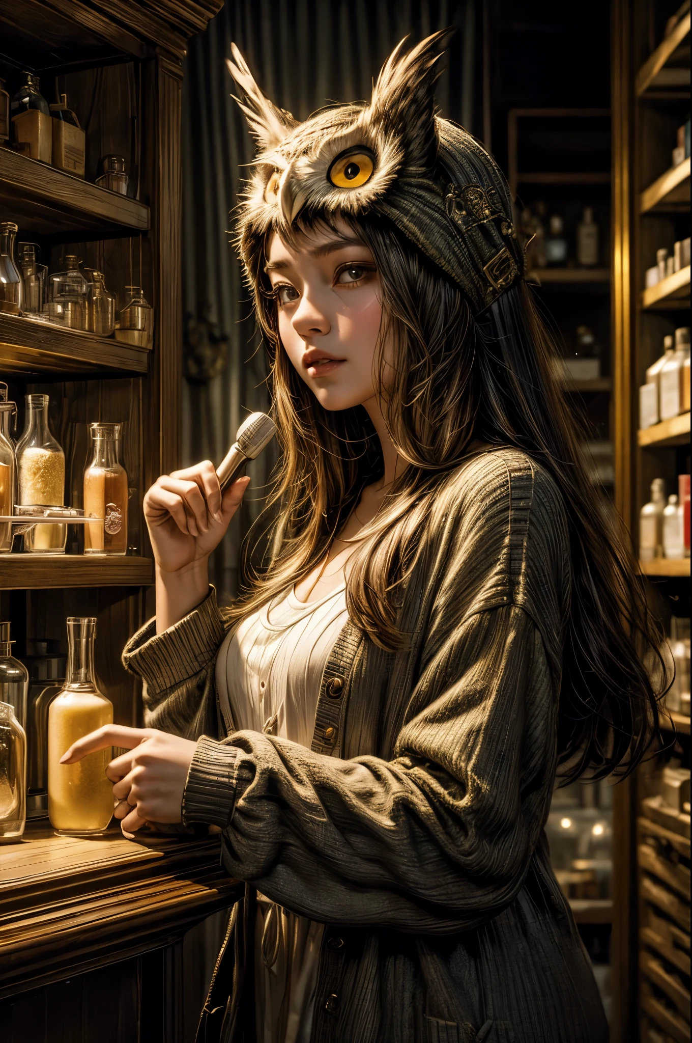 In the twilight hours, a girl wearing an owl's head explores a Pharmacie filled with mysterious jars. The space is illuminated by gentle, tinted glass light beams, casting a dreamlike glow on every detail. Craft a ((masterpiece)) that balances the surreal with the comforting, evoking emotions of curiosity and wonder.