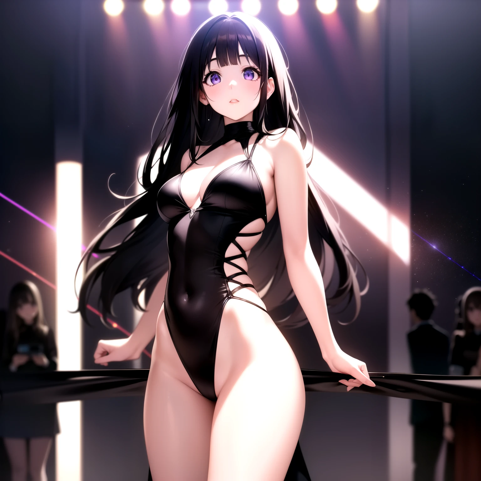 (A superb exquisite Chitanda Eru), (mature face), purple eyes, long black hair, natural straight hair, straight bangs, solo, [Small_breasts: large_breasts: 0.5], normal breasts, (((fashion show, clothes, public, laser, lights))), extremely delicate, peerless beautiful girl, dreamy quality, exaggerated facial features, solid color, delicate face, bright lips, slender waist, straight curves, soft lights and shadows, super fine, 8K HD, (masterpiece:1.4), (finely detailed beautiful eyes: 1.2)