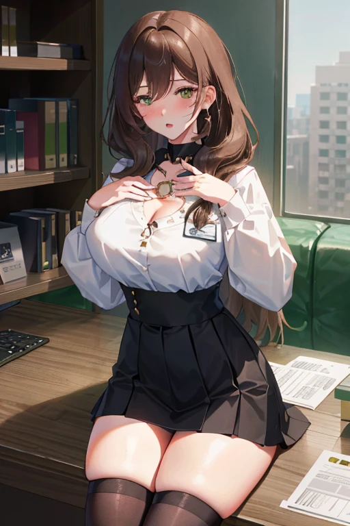 Lisa, genshin impact, 1 girl, alone, ((white shirt)), black Thighhighs, huge breasts, cleavage, uniform, office background, black skirt, pleated skirt, office, hair between eyes, messy hair, large chest, long hair, looking at the viewer, brown hair, red short nails, green eyes, alone, Thighhighs, thighs, very long hair, ((masterpiece)), sitting, Chair, machine, computer on machine, name tag, id tag, indoor, I am hated for my funny face, (grab your chest:1.3), blush, (kneeling pose), adult woman, Ecchi Woman, erotic woman, sweating, I can see through my clothes,