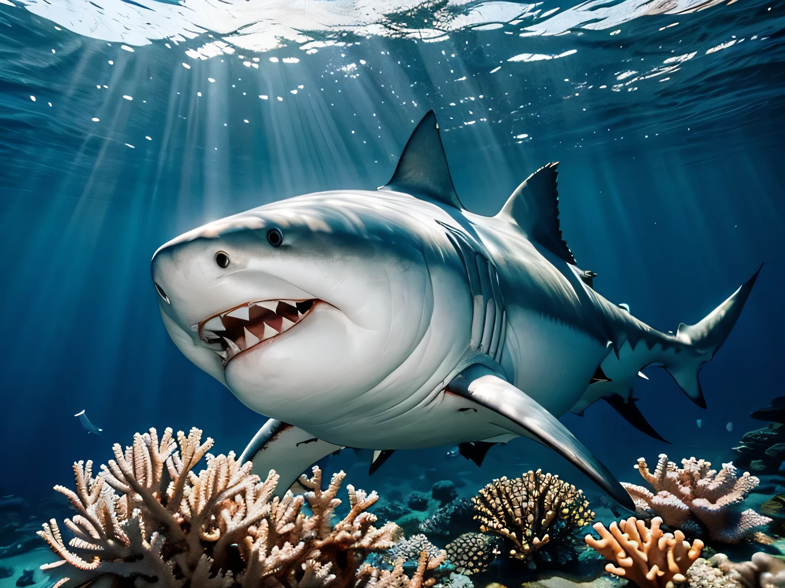 shark,Great white shark，ocean，coral，underwater world，masterpiece，Ultra-clear，soft light，