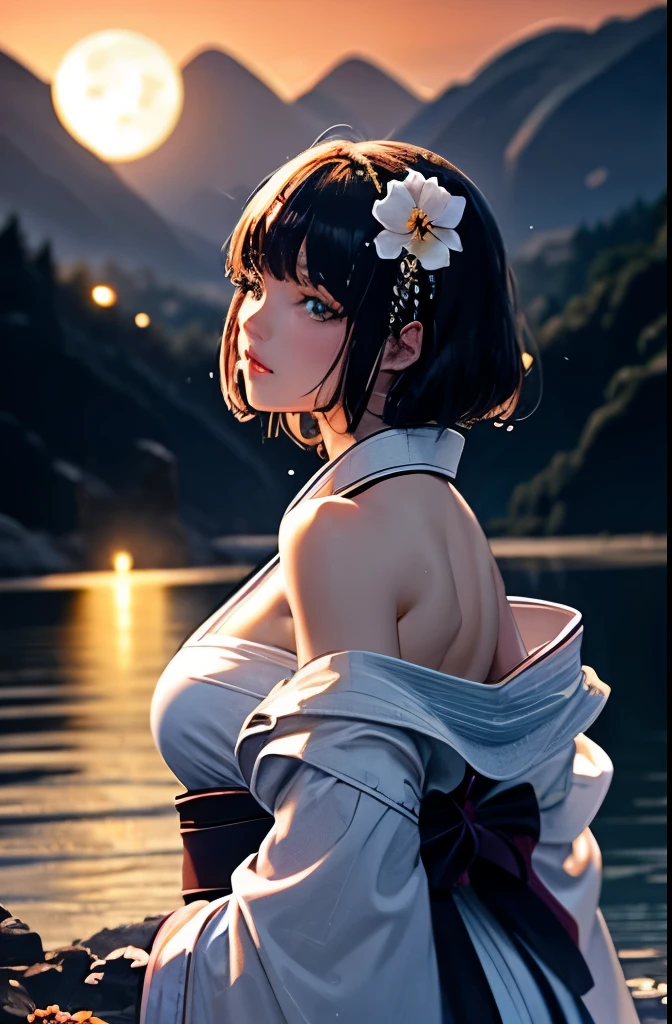 1 girl, chest, moon, lanthanum, night, alone, large chest, hair ornaments, Wet, kimono, kimono, water遊び, water, hair flower, flower, outdoor, null, full moon, rain, black hair, off shoulder, Mountain, cloud, holding, sash, bare shoulders, paper lanthanum, Are standing, white kimono, night null, side boob, heart, Wet clothes, bangs, wood, From the side, reflection, short hair, cloudy null, Wet hair (((masterpiece),(Highly detailed CG Unity 8K wallpaper),highest quality,,alone,1 girl,cinematic lighting,detailed background,beautiful and fine eyes,bright pupils, (very delicate and beautiful),(Beautiful and detailed eye depiction), super detailed,masterpiece,)),