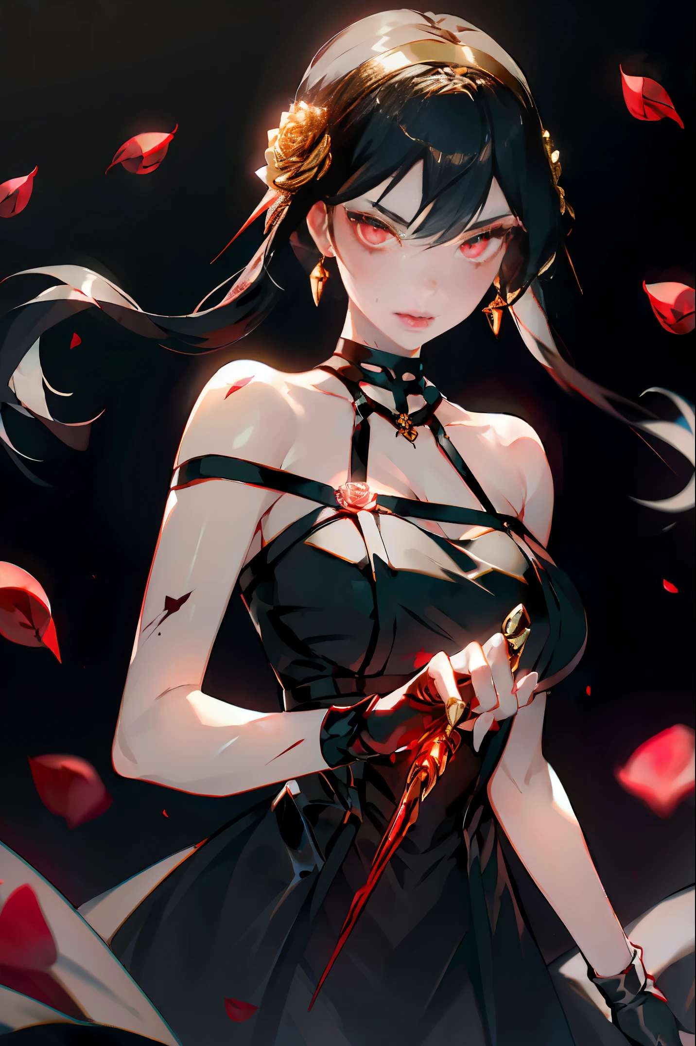 1girl, backlighting, bare shoulders, black background, black dress, black gloves, black hair, blood, blood on face, blood on weapon, breasts, closed mouth, cowboy shot, dress, earrings, expressionless, fingerless gloves, floating hair, floral print, flower, gloves, gold earrings, gold hairband, hair flower, hair ornament, hairband, holding, holding weapon, jewelry, large breasts, light particles, long hair, looking at viewer, off-shoulder dress, off shoulder, petals, red eyes, rose, rose petals, rose print, short hair with long locks, sidelocks, solo, spikes, thighs, two-sided dress, two-sided fabric, weapon, cinematic lighting, evil grin, red eyes, corrupted, crazy, blood, blurred background, evil, blood splatters, blood on face, rose thorns, rose thorns on background, shaded eyes, camera angle, detailed eyes, long eyelashes, 5 fingers, perfect hands, beautiful, masterpiece, best quality, extremely detailed face, perfect lighting, nice hands, perfect hands,