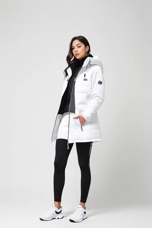a woman in a white jacket and black pants posing for a picture, model is wearing techtical vest, sportswear, sportswear, かわいいsportswear, nanocarbon-vest, white!!, white coat, tech wear women pictures, 2 techwear women, catalog photo, stylish coat for rave, full body photo, future inflatable jacket, Miko, Kim Woo