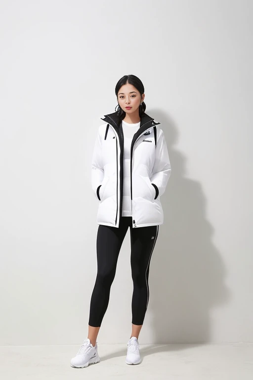 a woman in a white jacket and black pants posing for a picture, model is wearing techtical vest, sportswear, sportswear, かわいいsportswear, nanocarbon-vest, white!!, white coat, tech wear women pictures, 2 techwear women, catalog photo, stylish coat for rave, full body photo, future inflatable jacket, Miko, Kim Woo