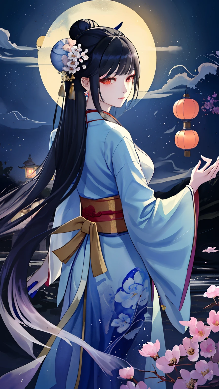 Gorgeous, Dynamic, visual impact, ink painting，watercolor smudge，1 girl, solo, long hair, black hair, hair accessories, long sleeves, flower, outdoor, sky, 毛flower, from behind, sash, contour, make up, night, China costume, night空, light particles, lantern, architecture, 纸lantern, Hanfu，1 girl, solo, black hair, hair accessories, long sleeves, Gorgeous丝绸连衣裙, 粉色的丝绸Hanfu，belt，long sleeves，damask，jewelry, Shut up, Permanent, whole body, flower, bun, vague, flower瓣, contour, night, China costume, 单bun, flower朵装饰的发簪，散开的long hair，红flower, night空, light particles,黄金jewelry， bead, architecture, updo, Hanfu，light particles，Beautiful light source，high quality, best quality,8K CG, Ultra-detailed, HD, masterpiece, Watercolor oil painting，丹青ink painting，ink painting彩晕染，bling，antique art，The background is decorated with auspicious clouds and silk ribbons，Elegant and peaceful atmosphere，Concept art illustration，Light painting rendering，Zen style, In line with Chinese aesthetics，The beauty of imaginary artistic conception，Beautiful digital illustration，粉红色的桃flowerflower瓣围绕着她