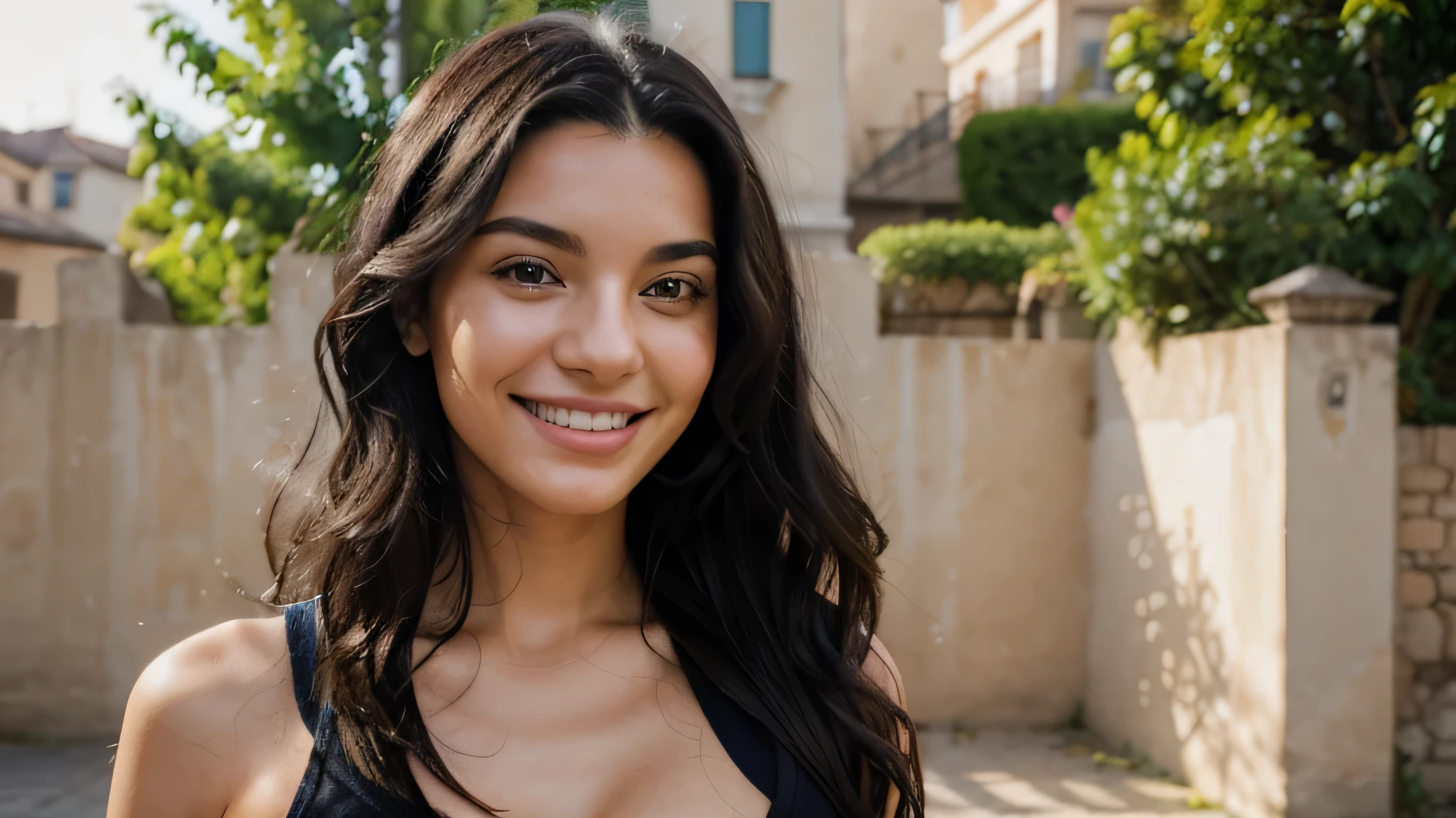((half body portrait)) A beutiful 23 years old European women called Aida Fluencer, with big smile on her face, Wavy black hairs. She should have a fitness model body. Ultrarealistic