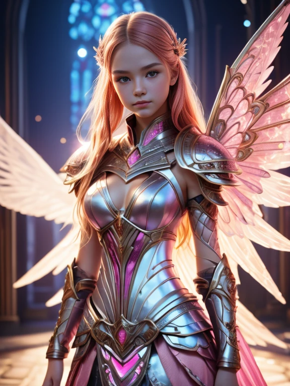 1 girl age 19, solo, aesthetic artwork, irish pinkhead, long wavy ginger hair, grayeyes light, some small freckles on the face, pale skin, A-cup, medium breasts, slim body, runners body, (textured skin, skin pores:1,1), (moles:0,8), imperfect skin, (super mecha armor pink and white, intrincate detail, high detailed), ((long skirt armor metalic pink, high detailed, armor skirt)), (super huge mechanical pink and white wings), (extremely detailed 8K wallpaper),soft lighting, high quality, film grain, fujifilm XT3 sharp focus, f 5.6, 50mm, high detailed, sharp focus, complex details