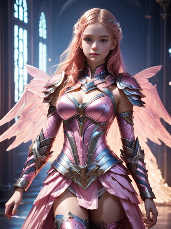 1 girl age 19, solo, aesthetic artwork, irish ((pinkhead, long wavy ginger hair)), grayeyes light, some small freckles on the face, pale skin, A-cup, medium breasts, slim body, runners body, (textured skin, skin pores:1,1), (moles:0,8), imperfect skin, ((super mecha armor pink and white, intrincate detail, high detailed)), ((long skirt armor metalic pink, high detailed, armor skirt)), ((super huge mechanical pink and white angelic wings)), (extremely detailed 8K wallpaper), full body, soft lighting, high quality, film grain, fujifilm XT3 sharp focus, f 5.6, 50mm, high detailed, sharp focus, complex details