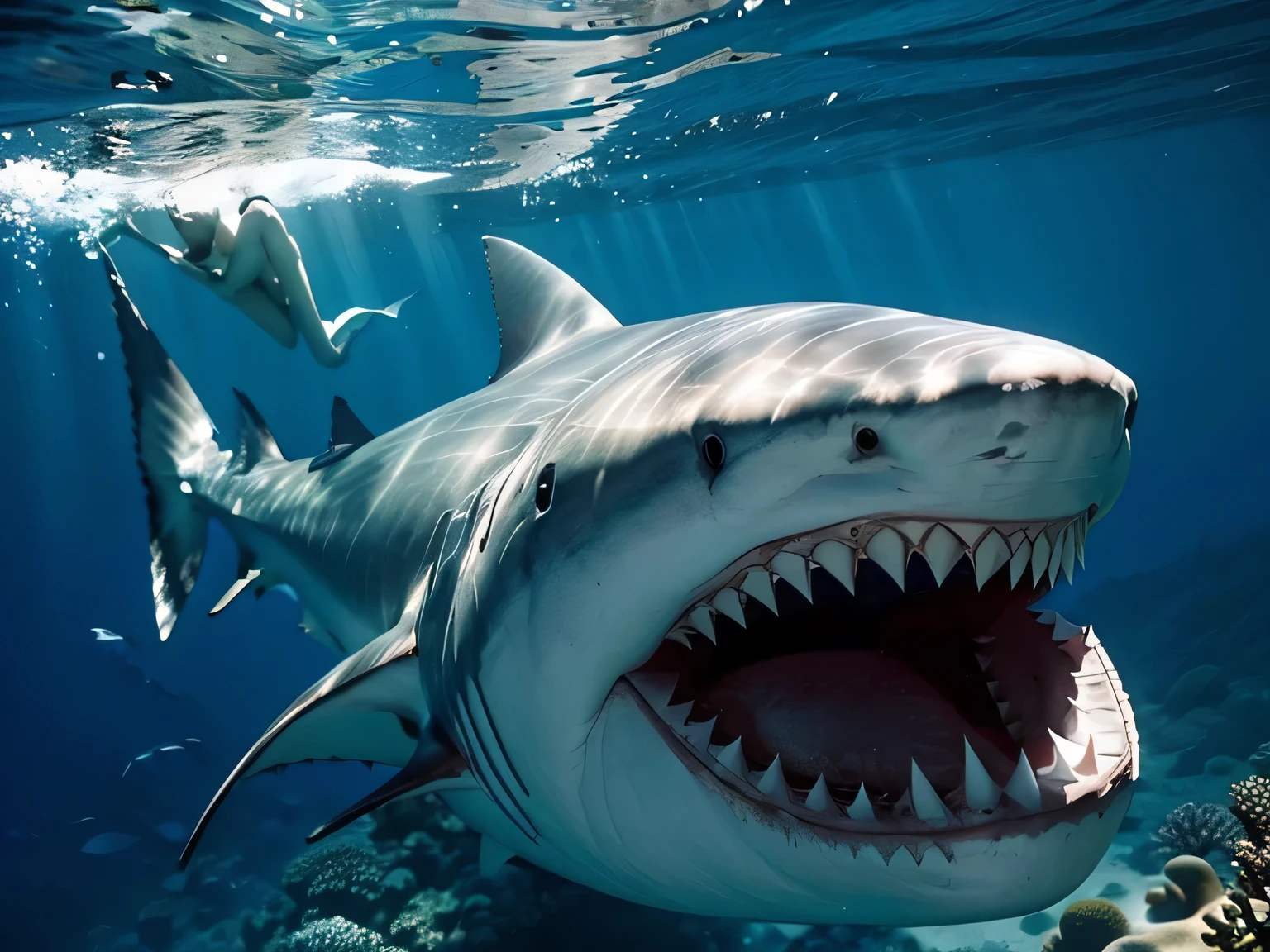 shark,Great white shark，ocean，coral，underwater world，masterpiece，Ultra-clear，soft light，