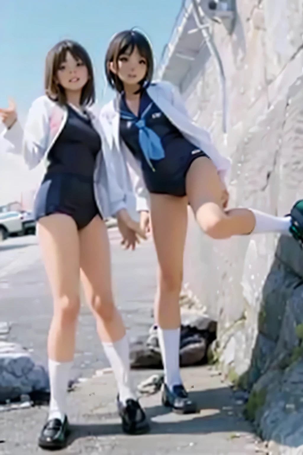 Two women wearing school uniforms taking a photo in front of a rock, Two Japan schoolgirls posing, young gravure idol, Young and cute gravure idol, Young skinny gravure idol, Young sensual gravure idol, realistic young gravure idol, 80's japanese photo, japanese school uniform, wearing japanese school uniform, wearing a swimsuit, japanese girl uniform