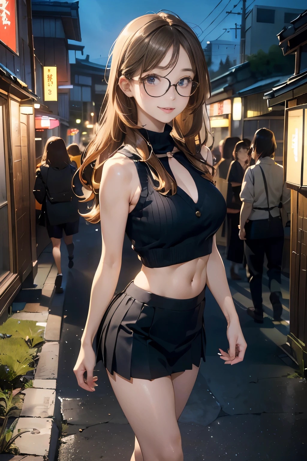 (masterpiece:1.3), high resolution, ultra detailed, extremely detailed CG unity 8k wallpaper, realistic, photo-realistic, RAW photo, beautiful detailed face, pale skin, realistic glistening skin, detailed cloth texture, detailed hair texture, Perfect body, Beautiful Face, accurate, Anatomically correct, Highly detailed face and skin texture, natural neck length, (beautiful hands), (fair skin:1.2), Thin legs, Thin feet, 
BREAK, 
Detailed eyes, symmetric eyes, Light Brown eyes, Double eyelids, Thin eyebrows, (Glossy lips:1.4), (gently smile:1.2), 
BREAK, 
(nsfw:1.2), (A Classy and Cute girl:1.3), (1 girl, one girl), ((wearing a Violet sleeveless keyhole neck midriff sweater:1.3)), (White pleated mini skirt), (long boots), (wearing glasses:1.1), 
(medium large breasts, slender figure, firm abs, firm breasts:1.2), beautiful clavicle, 
(blonde hair, wavy hair, long hair:1.3), ((asymmetrical bangs:1.2)), 
BREAK, 
((Walking in the night office street at Marunouti in Japan:1.3)), (From side:1.2), (looking sideway at viewer:1.2), ((Focus on face:1.2)), (Full body shot:1.2),