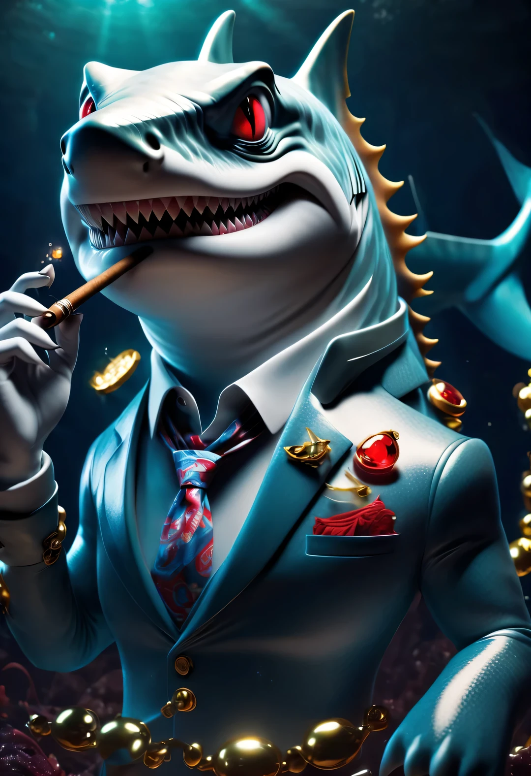 （character idea），Very unified CG design，（The leader of the Jaws gang in Reno wears sunglasses，Smoking a cigar.），（whole body），inspired by animation《shark story》，The Reno great white shark is a giant、majestic great white shark，Wearing a red gemstone necklace and gold sunglasses，His skin is dark blue，Covered with white scars，His eyes are cold silver，Shining with cunning and wisdom, His teeth are very sharp，The tail is thick and powerful，background：Underwater Fairy Tale Office、bank office ，gas coming out of water，bubble，Anthropomorphic cartoon、Pixar、cartoon、disney、