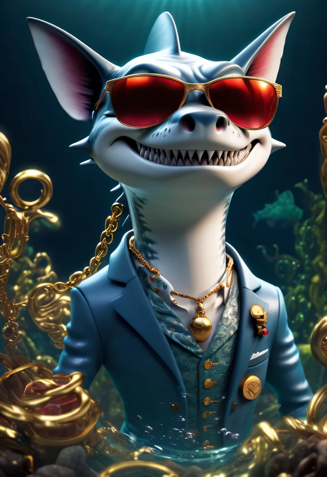 （character idea），Very unified CG design，（The leader of the Jaws gang in Reno wears sunglasses，Smoking a cigar.），（whole body），inspired by animation《shark story》，The Reno great white shark is a giant、majestic great white shark，Wearing a red gemstone necklace and gold sunglasses，His skin is dark blue，Covered with white scars，His eyes are cold silver，Shining with cunning and wisdom, His teeth are very sharp，The tail is thick and powerful，background：Underwater Fairy Tale Office、bank office ，gas coming out of water，bubble，Anthropomorphic cartoon、Pixar、cartoon、disney、