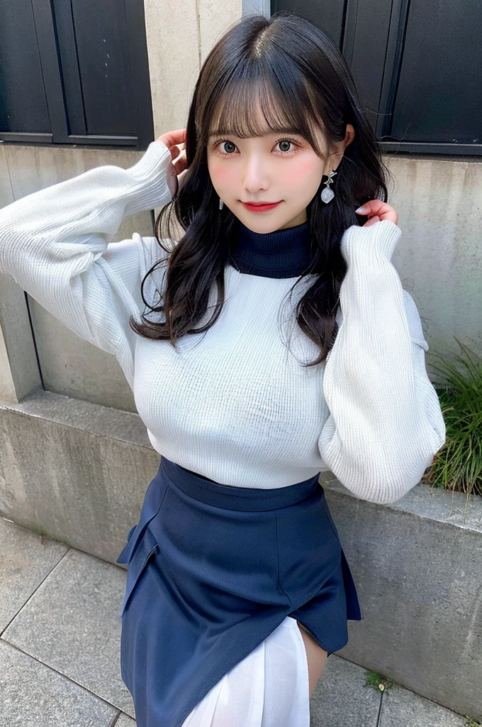 Female, 20 years old, short black wavy hair、bangss、Puffy nipple、(White Turtleneck Knit)、(Blue long skirt), Black stockings、Medium milk, cute smile face、((Poses that emphasize the buttocks、turned around))、sexy hips、Black High Heels、Big necklace、((((the wind blew my skirt, expose my panties...))))、(Light blue lace panties)、Cute earrings、(Tilt your head slightly)、(from below:1.8)
