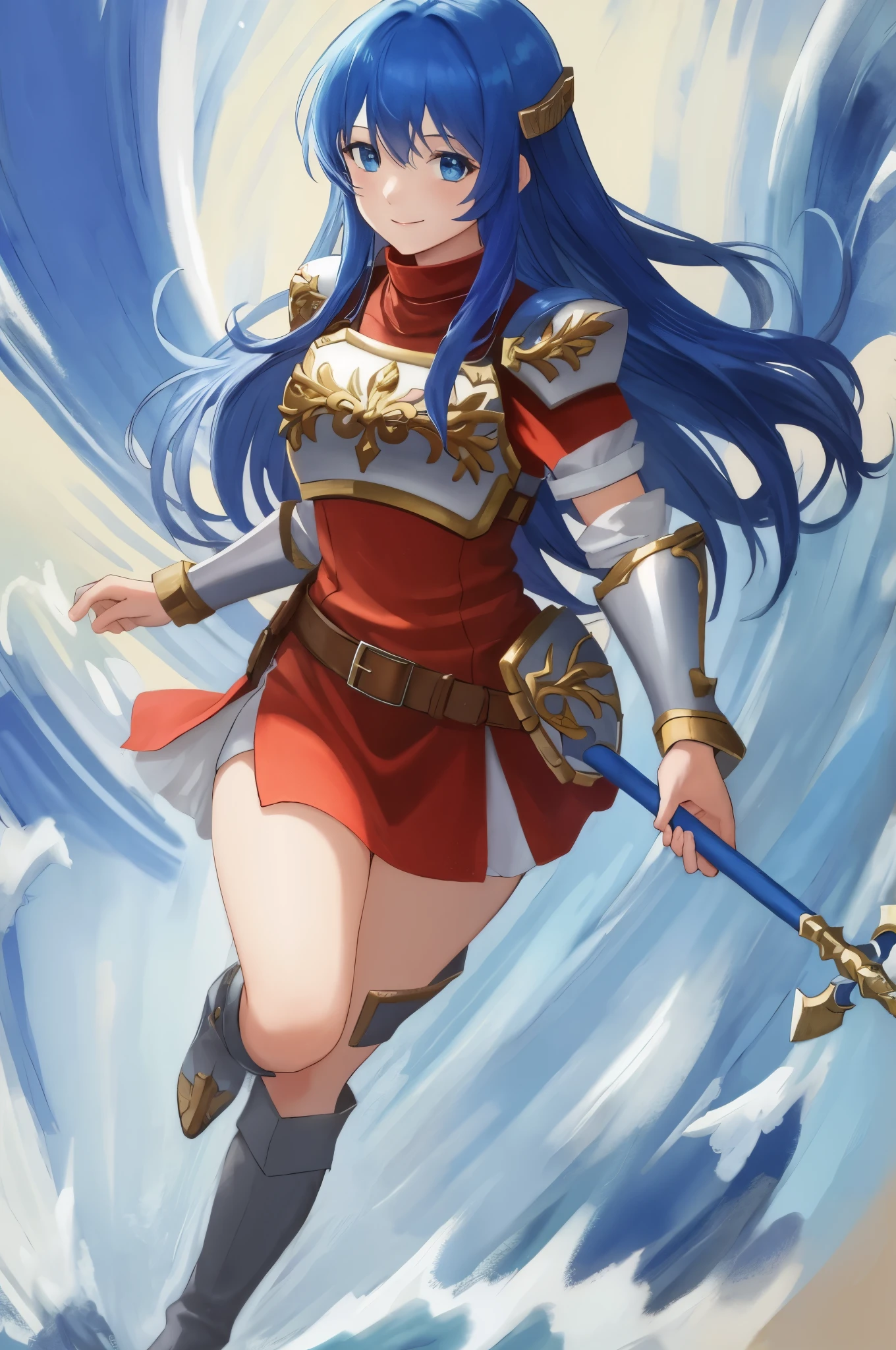 ((best quality)), ((masterpiece)), (detailed), caeda fe, 1girl, solo, looking at viewer, smile, field scenery, shoulder armor, breastplate, armor, short dress, red dress, thigh boots, thick thighs, belt, [running:3], [heterochromia: :3]