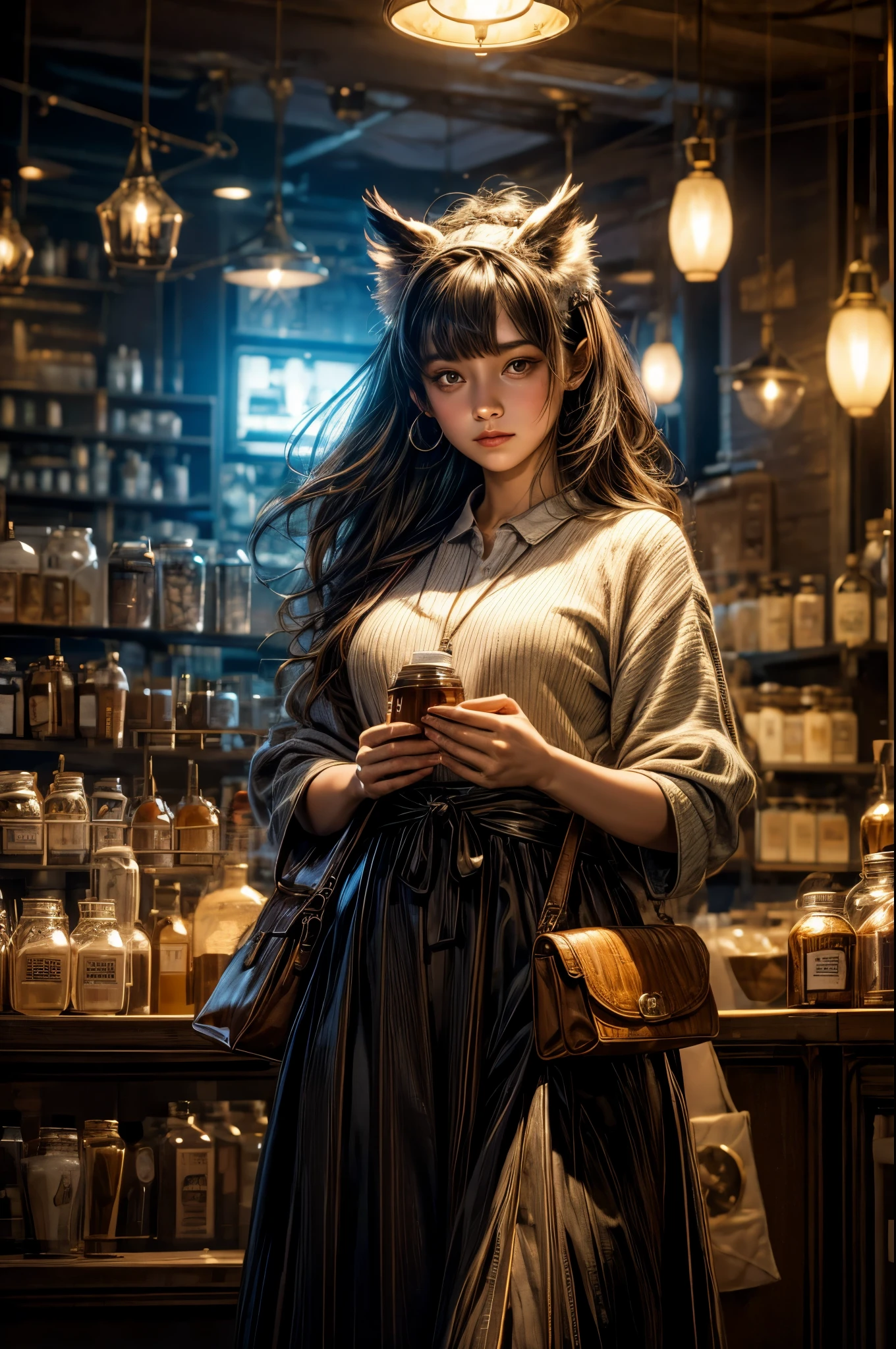 In the twilight hours, a girl wearing an owl's head explores a Pharmacie filled with mysterious jars. The space is illuminated by gentle, tinted glass light beams, casting a dreamlike glow on every detail. Craft a ((masterpiece)) that balances the surreal with the comforting, evoking emotions of curiosity and wonder.