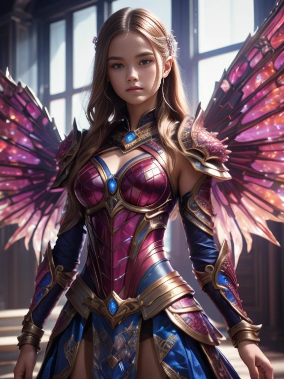 1 girl age 19, solo, aesthetic artwork, irish pinkhead, long wavy ginger hair, grayeyes light, some small freckles on the face, pale skin, A-cup, medium breasts, slim body, runners body, (textured skin, skin pores:1,1), (moles:0,8), imperfect skin, (super mecha armor pink and white, intrincate detail, high detailed), ((long skirt armor metalic pink, high detailed, armor skirt)), (super huge mechanical pink and white wings), (extremely detailed 8K wallpaper),soft lighting, high quality, film grain, fujifilm XT3 sharp focus, f 5.6, 50mm, high detailed, sharp focus, complex details