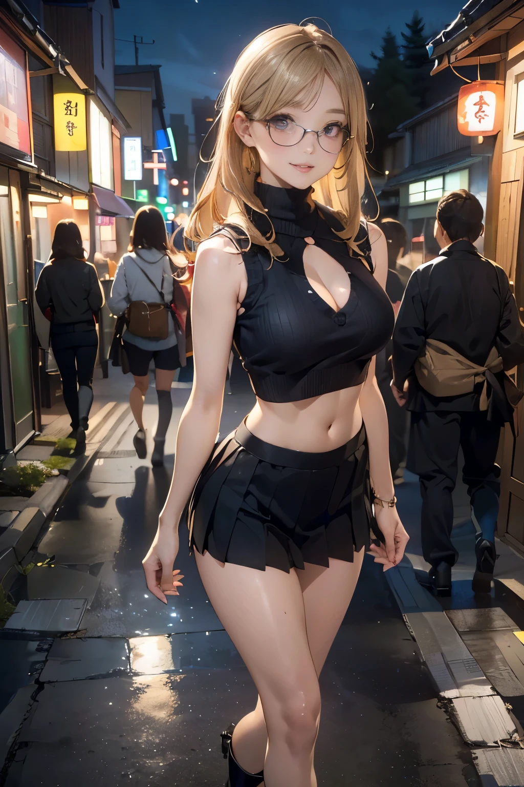(8k, PHOTO RAW, Best Quality, Masterpiece:1.2), (Reality:1.3), (Realism:1.3), Super High Detail, (High Detail Skin:1.2), 8k uhd, dslr, soft light, high quality, high quality, movie grain, Fujifilm XT3, best quality, best quality, beautiful light, 1girl, solo, ((full body)), glasses, short hair, bangs, ((blonde curls)), brown eyes, normal ears, perfect hands, huge breasts, slender long legs, beautiful legs, bare legs, super short black leather skirt, ((tight vacuum white shirt)), posing, shyness, blush, smile, outdoors, city, Shanghai, China, bokeh, depth of field