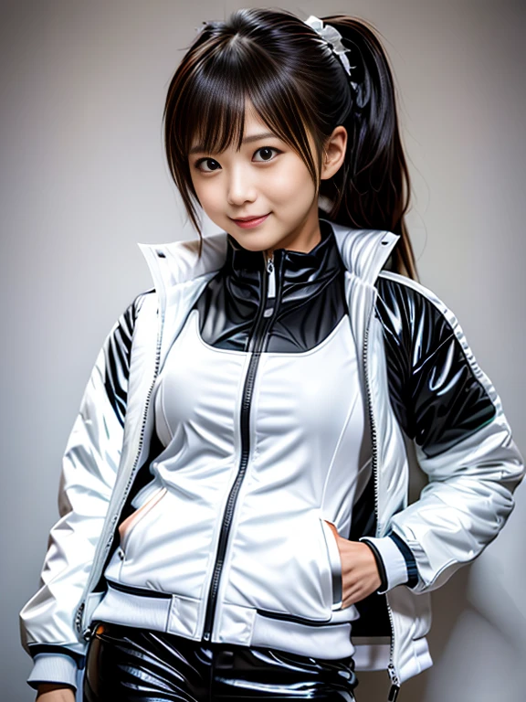 a woman in a white jacket and black pants posing for a picture, model is wearing techtical vest, sportswear, sportswear, かわいいsportswear, nanocarbon-vest, white!!, white coat, tech wear women pictures, 2 techwear women, catalog photo, stylish coat for rave, full body photo, future inflatable jacket, Miko, Kim Woo