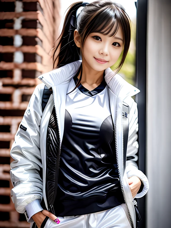 a woman in a white jacket and black pants posing for a picture, model is wearing techtical vest, sportswear, sportswear, かわいいsportswear, nanocarbon-vest, white!!, white coat, tech wear women pictures, 2 techwear women, catalog photo, stylish coat for rave, full body photo, future inflatable jacket, Miko, Kim Woo