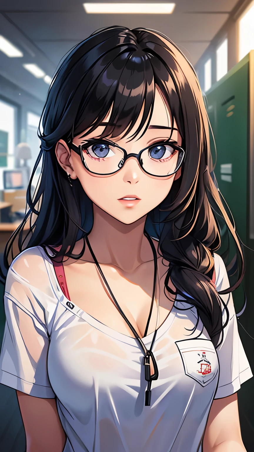4r13lw, face , black hair, black rectangle glasses