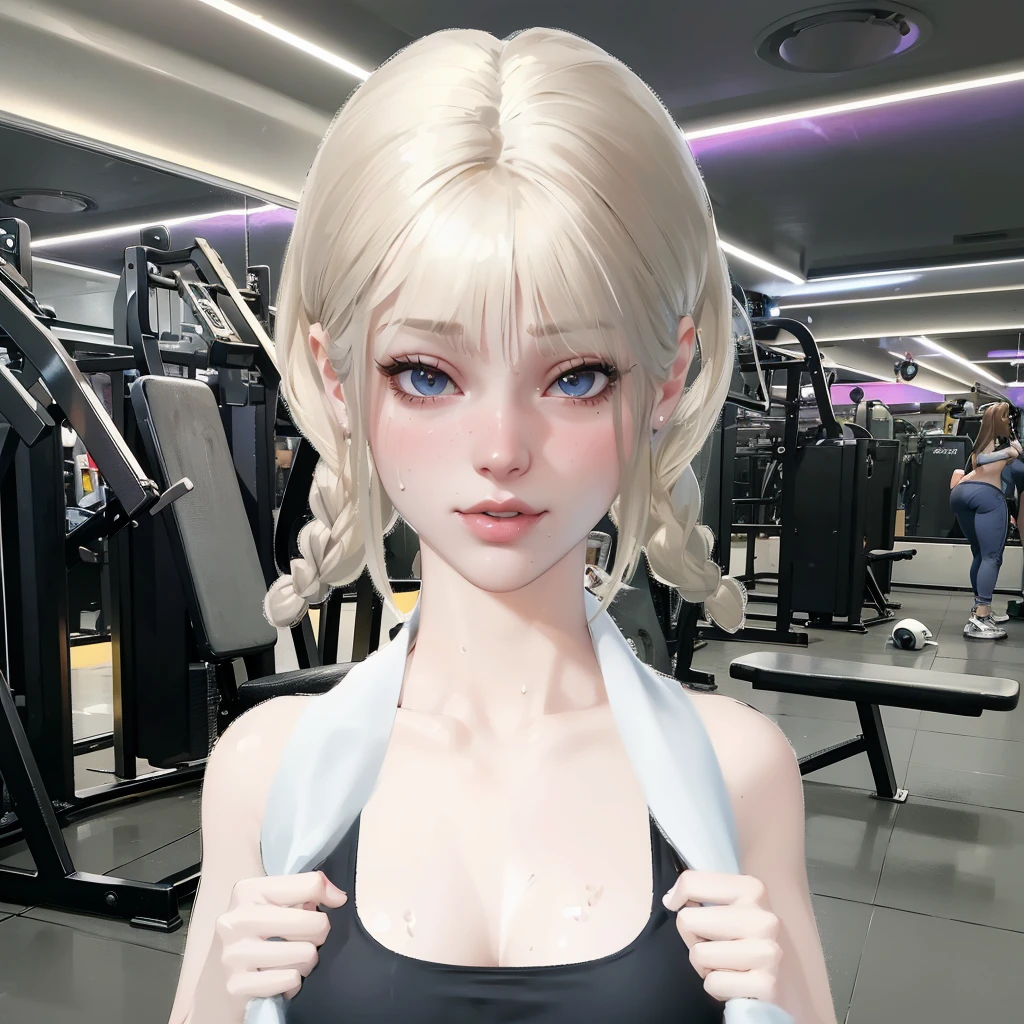 ( High quality , ultra detailed, careful with hand and face) Dark, HD quality, Zepeto character, realistic woman body, focus on face, model pose, gym background, sweating, sweat dripping, sexy body and face.