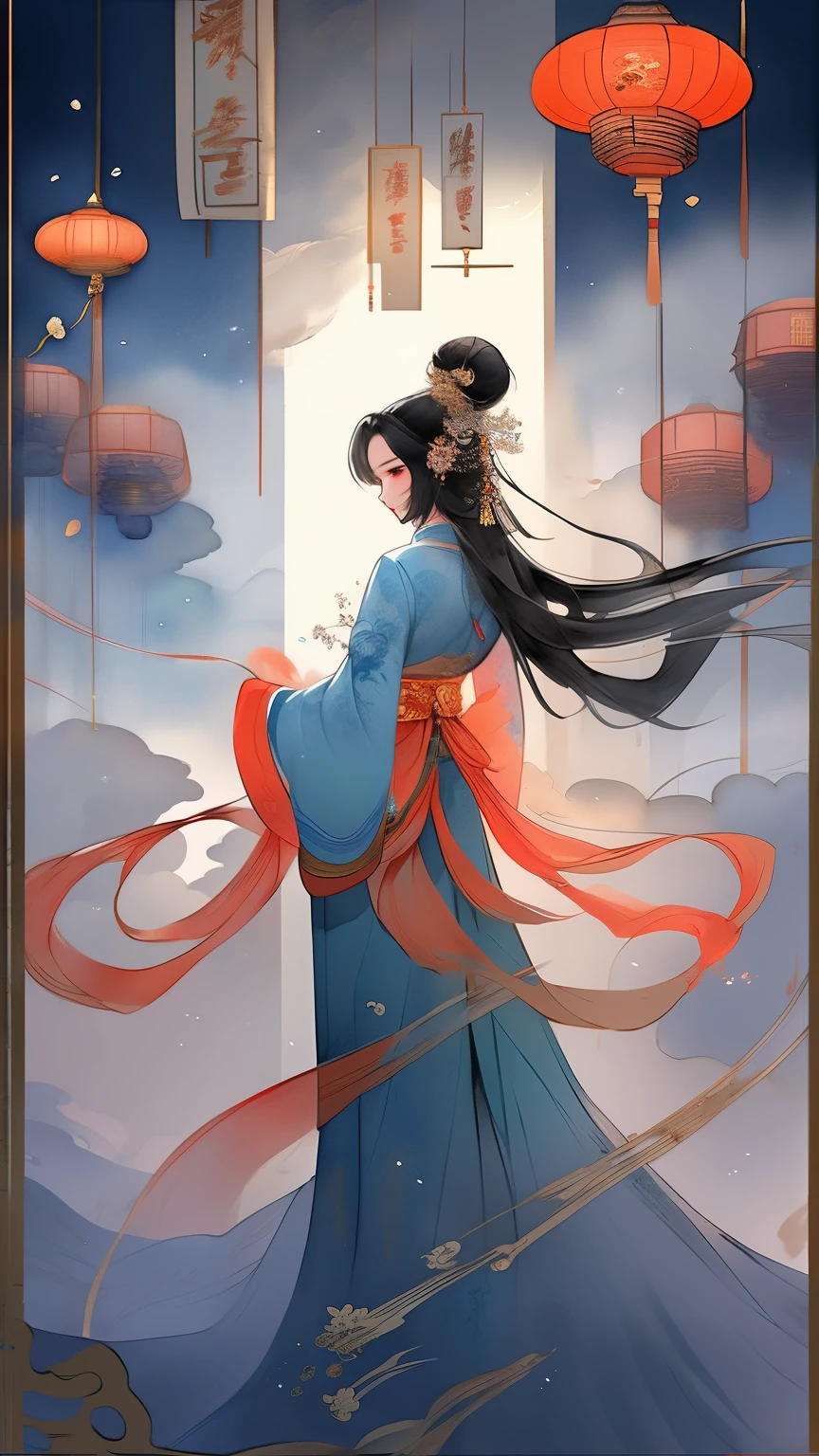 Gorgeous, Dynamic, visual impact, ink painting，watercolor smudge，1 girl, solo, long hair, black hair, hair accessories, long sleeves, flower, outdoor, sky, 毛flower, from behind, sash, contour, make up, night, China costume, night空, light particles, lantern, architecture, 纸lantern, Hanfu，1 girl, solo, black hair, hair accessories, long sleeves, Gorgeous丝绸连衣裙, 粉红色的丝绸Hanfu，belt，long sleeves，damask，jewelry, Shut up, Permanent, whole body, flower, bun, vague, flower瓣, contour, night, China costume, 单bun, flower朵装饰的发簪，散开的long hair，红flower, night空, light particles,黄金jewelry， bead, architecture, updo, Hanfu，light particles，Beautiful light source，high quality, best quality,8K CG, Ultra-detailed, HD, masterpiece, Watercolor oil painting，丹青ink painting，ink painting彩晕染，bling，antique art，The background is decorated with auspicious clouds and silk ribbons，Elegant and peaceful atmosphere，Concept art illustration，Light painting rendering，Zen style, In line with Chinese aesthetics，The beauty of imaginary artistic conception，Beautiful digital illustration，粉红色的桃flowerflower瓣围绕着她