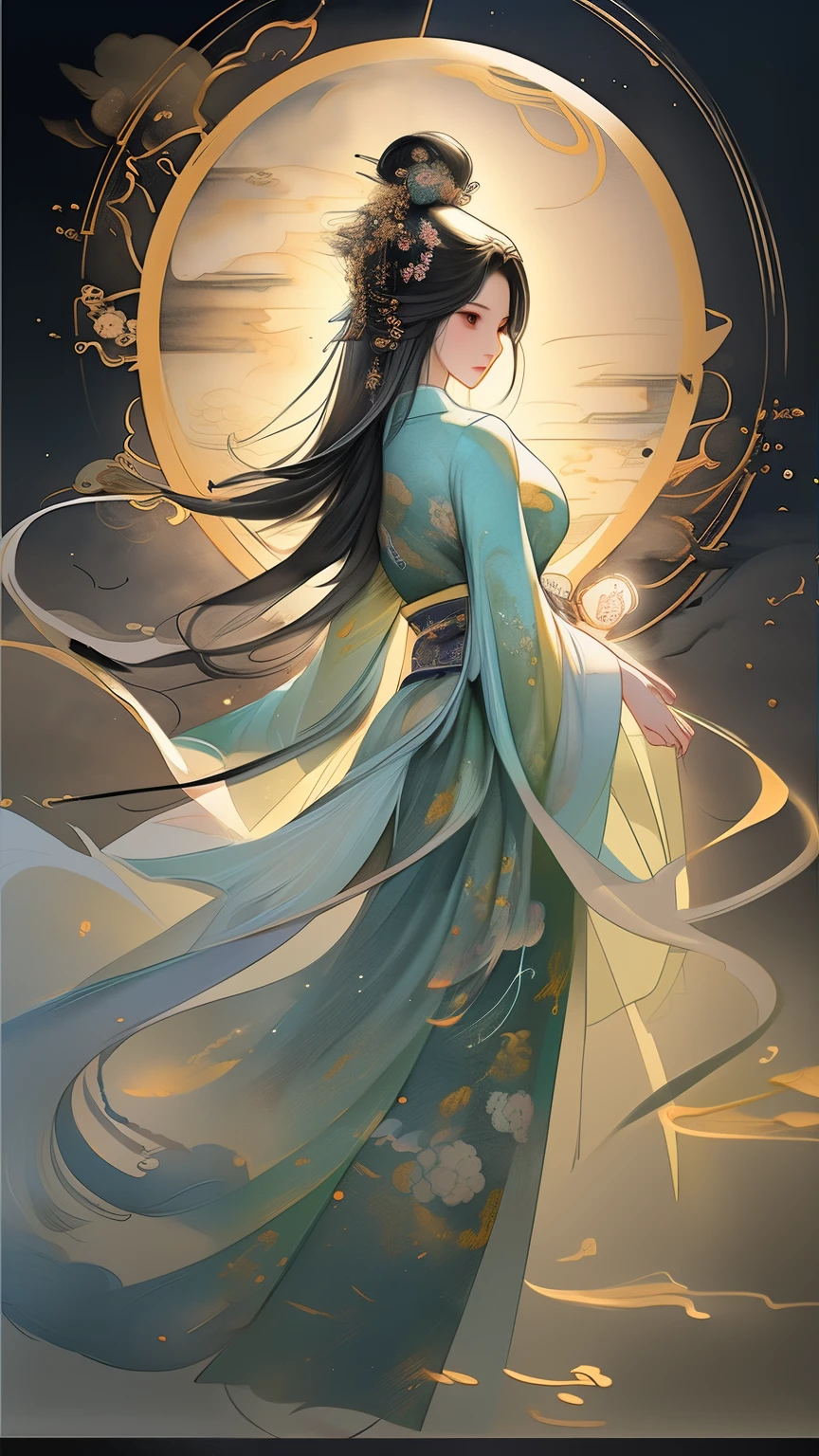 Gorgeous, Dynamic, visual impact, ink painting,watercolor smudge,1 girl, solo, long hair, black hair, hair accessories, long sleeves, flower, outdoor, sky, 毛flower, from behind, sash, contour, make up, night, China costume, night空, light particles, lantern, architecture, 纸lantern, Hanfu,1 girl, solo, black hair, hair accessories, long sleeves, Gorgeous丝绸连衣裙, 粉红色的丝绸Hanfu,belt,long sleeves,damask,jewelry, Shut up, Permanent, whole body, flower, bun, vague, flower瓣, contour, night, China costume, 单bun, flower朵装饰的发簪,散开的long hair,红flower, night空, light particles,黄金jewelry, bead, architecture, updo, Hanfu,light particles,Beautiful light source,high quality, best quality,8K CG, Ultra-detailed, HD, masterpiece, Watercolor oil painting,丹青ink painting,ink painting彩晕染,bling,antique art,The background is decorated with auspicious clouds and silk ribbons,Elegant and peaceful atmosphere,Concept art illustration,Light painting rendering,Zen style, In line with Chinese aesthetics,The beauty of imaginary artistic conception,Beautiful digital illustration,粉红色的桃flowerflower瓣围绕着她
