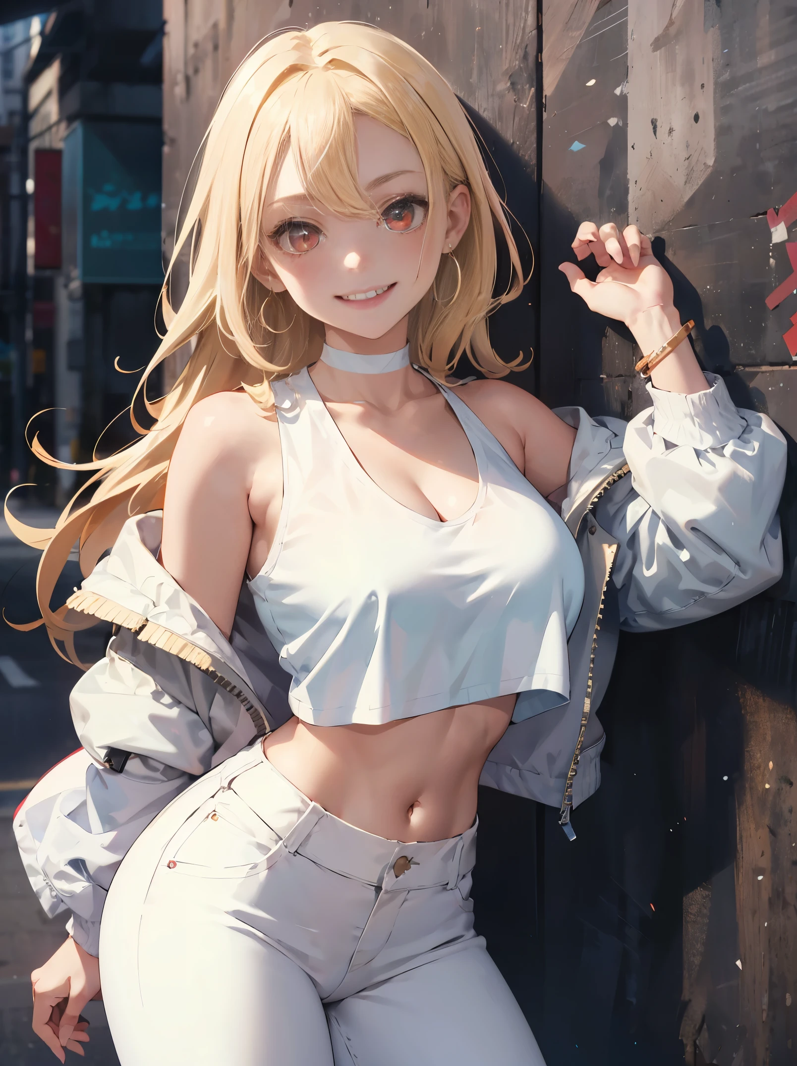1girl, leaning against wall, large breasts, solo, white pants, white crop top, white jacket, long hair, navel, red eyes, off shoulder, choker, smile, jewelry, looking at viewer, earrings, open clothes, blonde hair, cleavage, grin, midriff, bare shoulders, collarbone, sleeveless, standing,