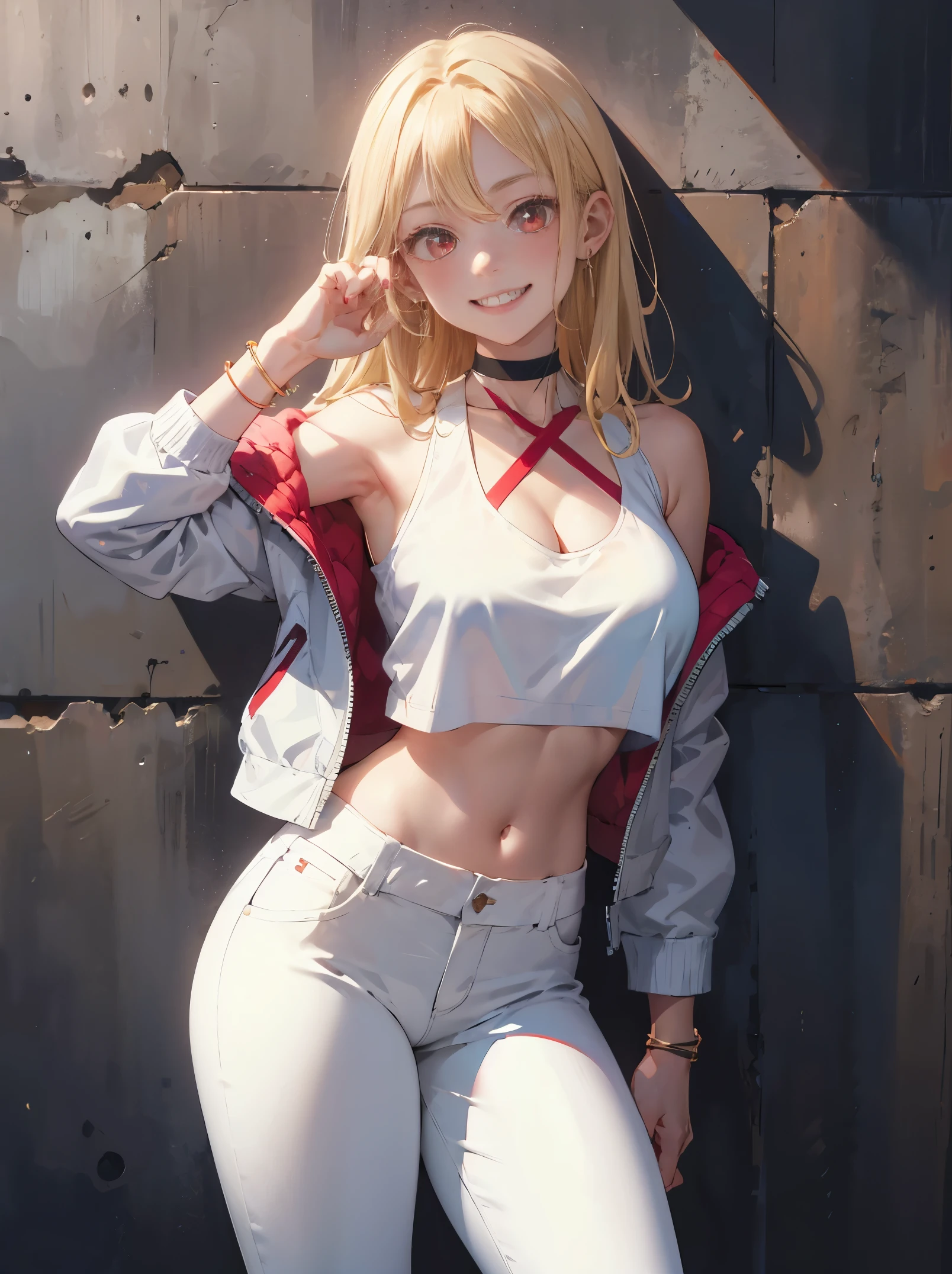 1girl, leaning against wall, large breasts, solo, white pants, white crop top, white jacket, long hair, navel, red eyes, off shoulder, choker, smile, jewelry, looking at viewer, earrings, open clothes, blonde hair, cleavage, grin, midriff, bare shoulders, collarbone, sleeveless, standing,