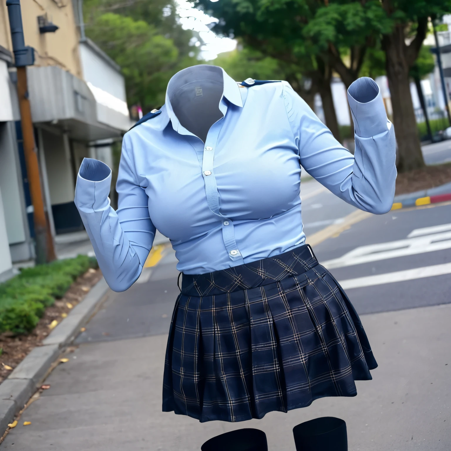 school uniform, plaid skirt, stripe tie, long sleeve, cute big breasts, (invisible, no human, headless, handless:1.5), chubby,cute pose