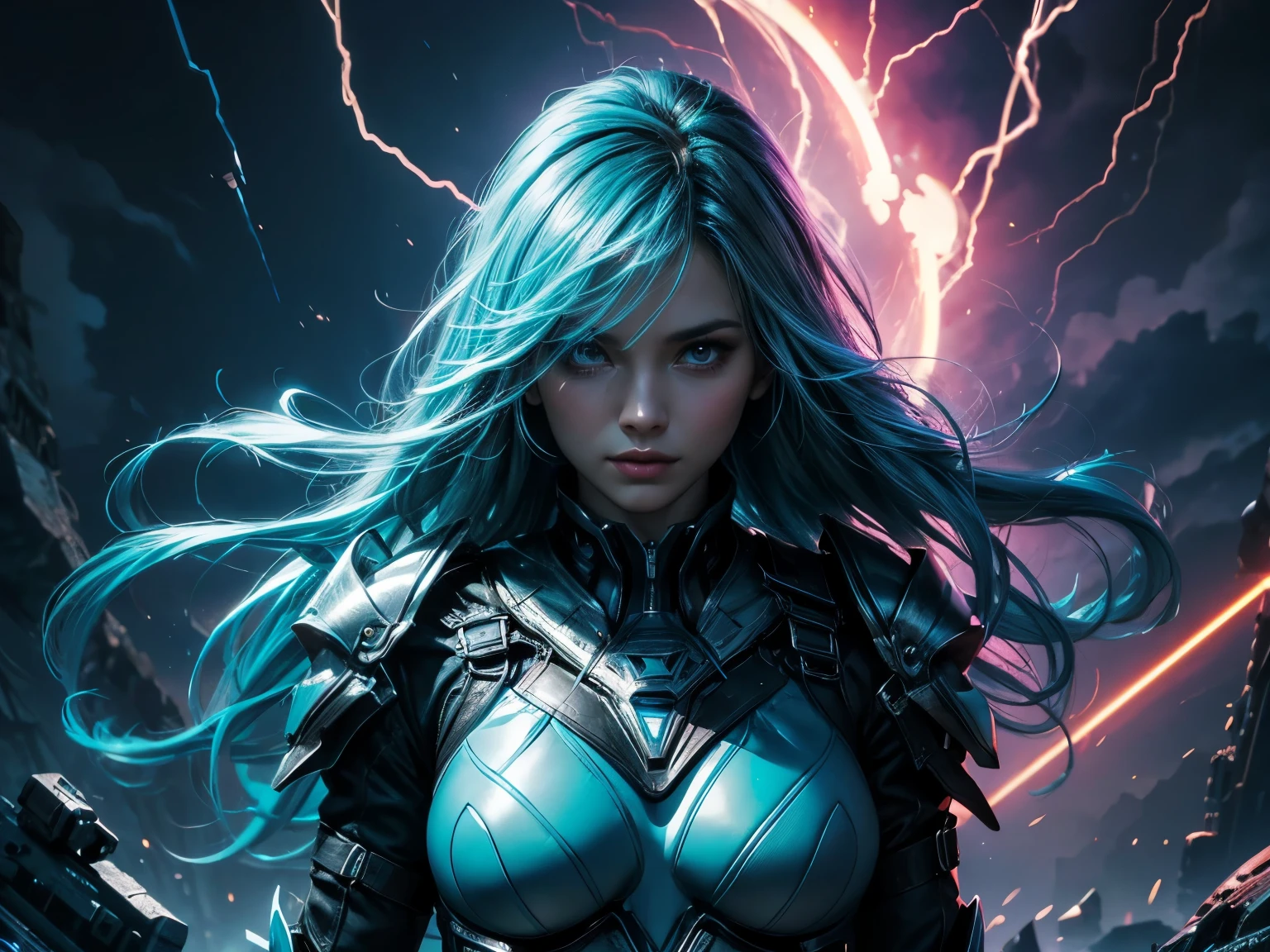 (best quality), (high detail), (perfect body), (beautiful face), (1girl), A beautiful goddess of lightening, (neon electric blue 1:1), wrapped in electric blue lightening, descending through dark clouds, HDR, UHD, 4K, 3D.