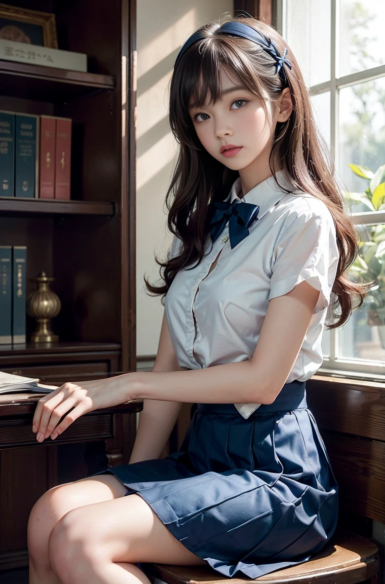 12 years old的女人, (high top faded: 1.3), (low(low)), (soft focus), HD, masterpiece, HD, HD, 8k, 超HD, Very realistic shadows, Surrealism, 戏剧性的lamp光, 5 girls, Lie together, Detailed face, lifelike眼睛, lifelike皮肤, dynamic hair, dynamic poses, dynamic angle, (Pink shirt), (dark blue bow tie) , (((Dark blue long skirt)))), ((White long barrel))), Pool background, (original photo: 1.2), (lifelike: 1.4), beautiful and delicate woman, Extremely detailed eyes and face, beautiful and delicate eyes, File size is huge, Very detailed的, high resolution, Very detailed, best quality, (bright interior), (soft light), (low对比度), ( see deeply), (Portrait of a beautiful woman illuminated by soft light), (Very delicate and elegant depiction), (short bangs), (Head color dark chestnut,Slightly brownish), (Subtle and silky waves), (long hair两侧错综复杂地编织小辫子), ((White long barrel))), illustration, Very detailed, BAPV, unity, 8k wallpaper, amazing, Exquisite details, best quality, Highly detailed integrated 8k wallpapers so far this year, Coordinating Minister, lamp, 5 girls, 12 years old, (((No)), (camel toe), (half), (Sit on bent knees and legs)), long hair, dark theme, soothing tone, pastel colors, high contrast, (natural skin texture, Surrealism, soft light, No耐烦), Soak up the peaceful atmosphere of the library.. soft diffused light gently illuminates their features., It emphasizes its refined appearance and creates a calm atmosphere. Library shelves filled with books,Provide background on knowledge and wisdom. It focuses on capturing models'Natural charm and elegance, Stay calm and consider the nature of the moment. Cute 12 year old Japanese gravure model,Soft body, gray brown wavy hair, Decorate with ribbon, charming appearance. Wearing a pink frilly shirt, Blue ruffled skirt and white ruffled socks. climb on the ground, Hug your knees,Staring at the camera, Exudes melancholy charm. Create scenes where beauty and ephemerality intertwine, national foundation
