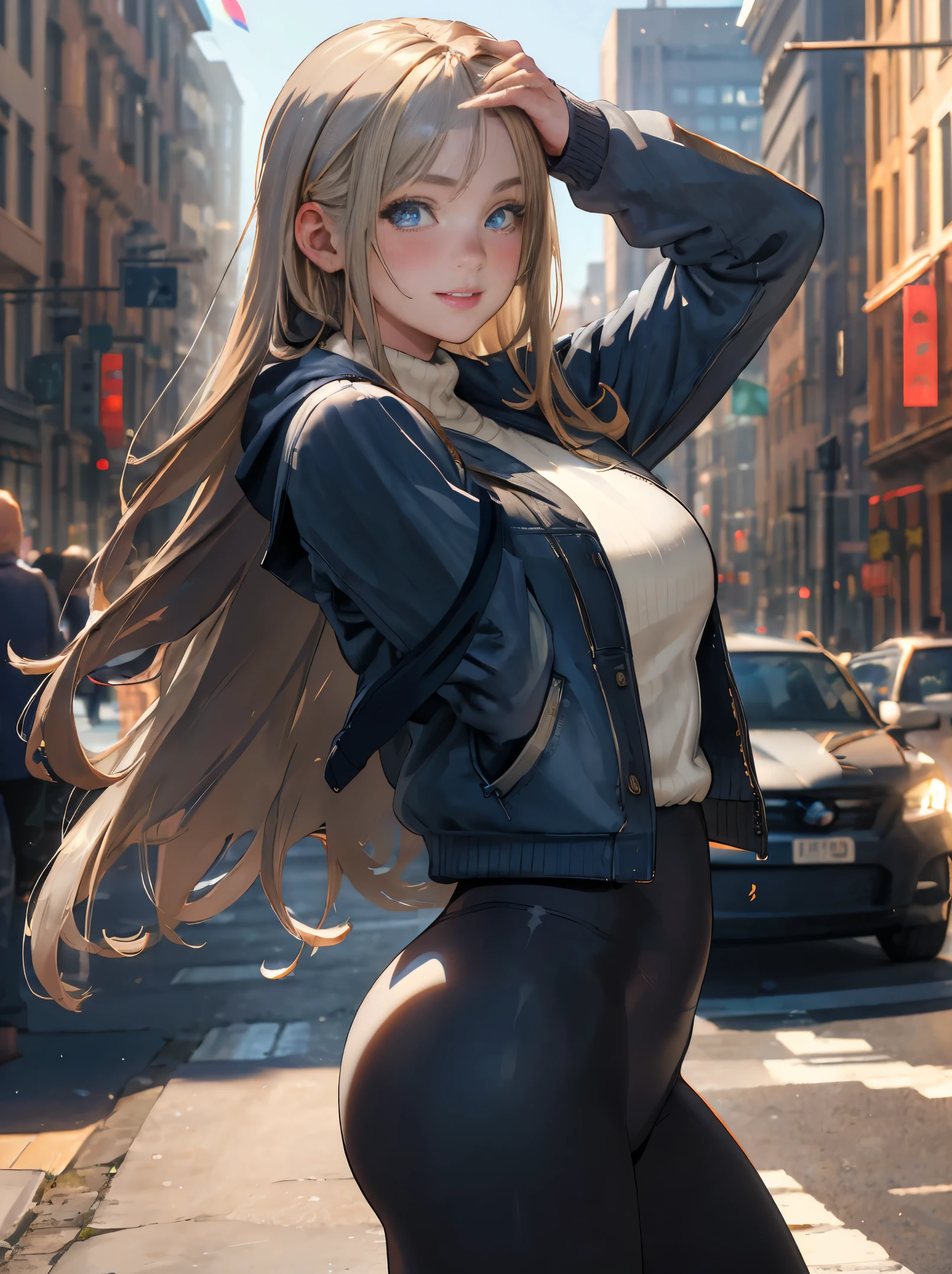 (masterpiece, best quality:1.4), (modern days), (cowboy shot), 1girl, solo, pov, sfw,
stunning girlfriend, (standing:1.1), dynamic pose, (white oversized sweater, knit sweater:1.4), (tight yoga pants, dark grey yoga pants:1.4), (short navy blue jacket, denim jacket:1.4), long blonde hair, swept bangs, heart shaped face, elegant face, beautiful face, highly detailed face, highly detailed skin, skin pores, subsurface scattering, (detailed blue eyes), realistic pupils, large breast, loving smile, looking at viewer, full face blush, full lips, holding a single coffee cup, centered,
coffee shop in background, city street, sunny day, wind, detailed background, depth of field, atmospheric perspective, volumetric lighting, sharp focus,
absurdres, realistic proportions, good anatomy, (realistic, hyperrealistic:1.4), 16k hdr,
