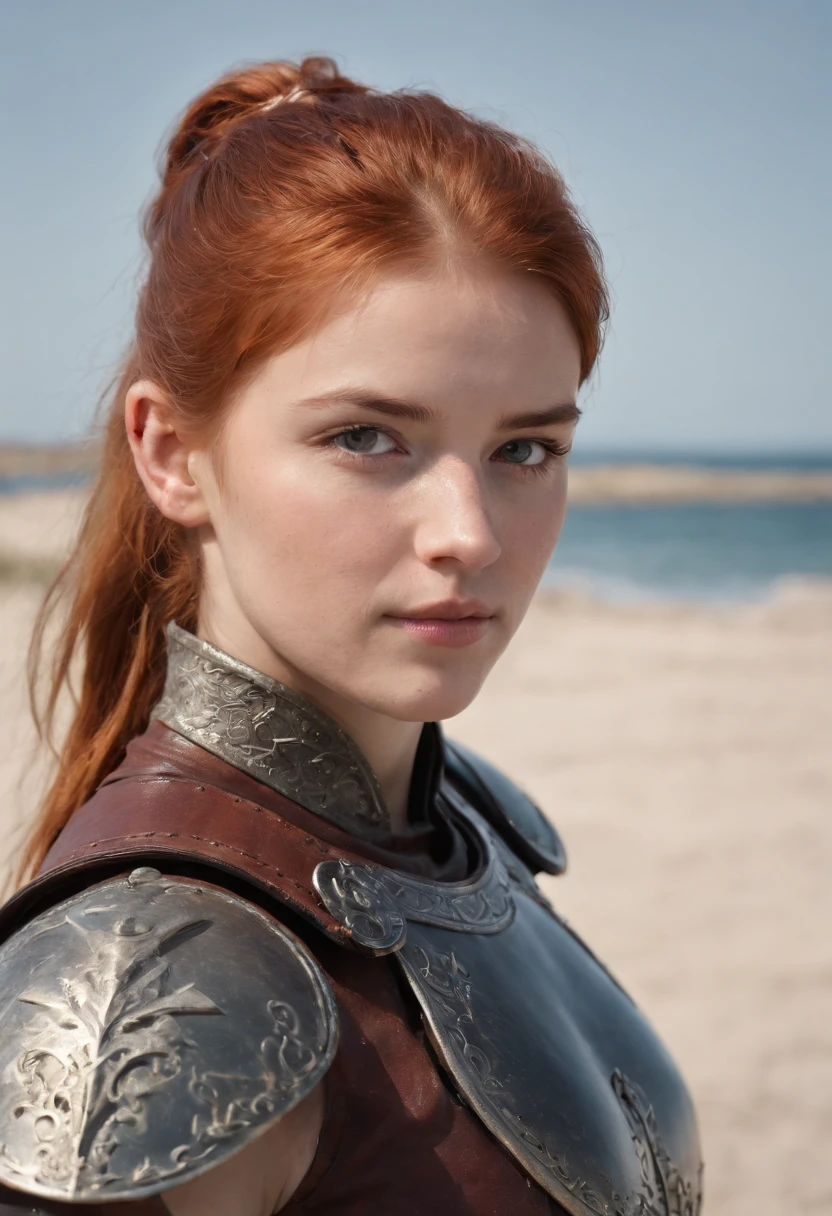 norwegian girl 14 years old ,Red-haired ponytail, dusty face, wearing leather armor, against the background of a sandy beach, sword in hands, Wind, photorealism, sharp focus, fallout,photograph,whole body, Realistic facial skin, oppressive atmosphere,View 1/4,