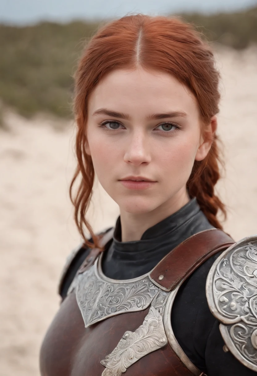 norwegian girl  ,Red-haired ponytail, dusty face, wearing leather armor, against the background of a sandy beach, sword in hands, Wind, photorealism, sharp focus, fallout,photograph,whole body, Realistic facial skin, oppressive atmosphere,View 1/4,