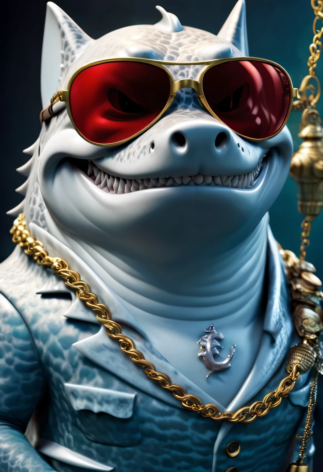 （character idea），Very unified CG design，（The leader of the Jaws gang in Reno wears sunglasses，Smoking a cigar.），（side of body），inspired by animation《shark story》，The Reno great white shark is a giant、majestic great white shark，Wearing a red gemstone necklace and gold sunglasses，His skin is dark blue，Covered with white scars，His eyes are cold silver，Shining with cunning and wisdom, His teeth are very sharp，The tail is thick and powerful，background：Underwater Fairy Tale Office、bank office ，gas coming out of water，bubble，Anthropomorphic cartoon、Pixar、cartoon、disney、