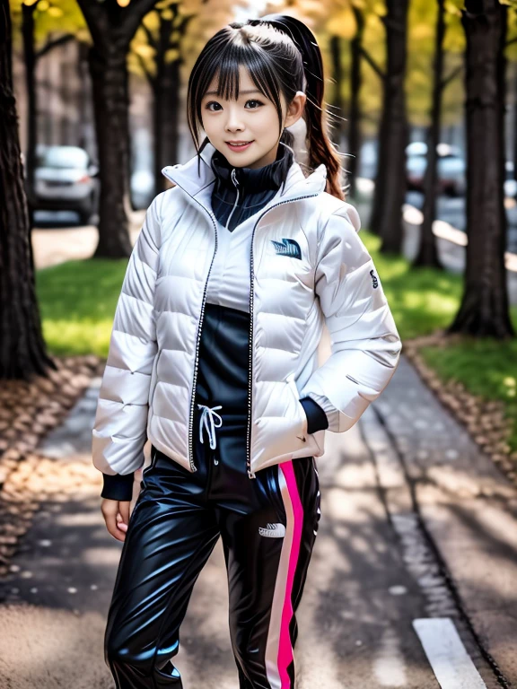 a woman in a (white down jacket at northface), white jacket and black pants posing for a picture, model is wearing techtical vest, sportswear, sportswear, かわいいsportswear, nanocarbon-vest, white!!, white coat, tech wear women pictures, 2 techwear women, catalog photo, stylish coat for rave, full body photo, future inflatable jacket, Miko, Kim Woo