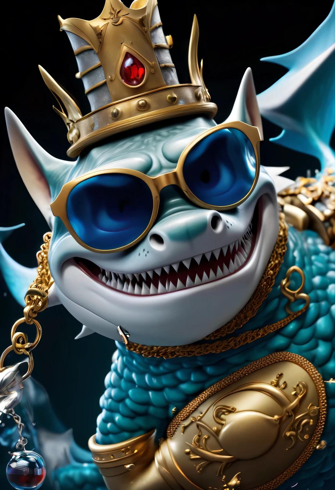 （character idea），Very unified CG design，（The leader of the Jaws gang in Reno wears sunglasses，Smoking a cigar.），（side of body），inspired by animation《shark story》，The Reno great white shark is a giant、majestic great white shark，Wearing a red gemstone necklace and gold sunglasses，His skin is dark blue，Covered with white scars，His eyes are cold silver，Shining with cunning and wisdom, His teeth are very sharp，The tail is thick and powerful，background：Underwater Fairy Tale Office、bank office ，gas coming out of water，bubble，Anthropomorphic cartoon、Pixar、cartoon、disney、