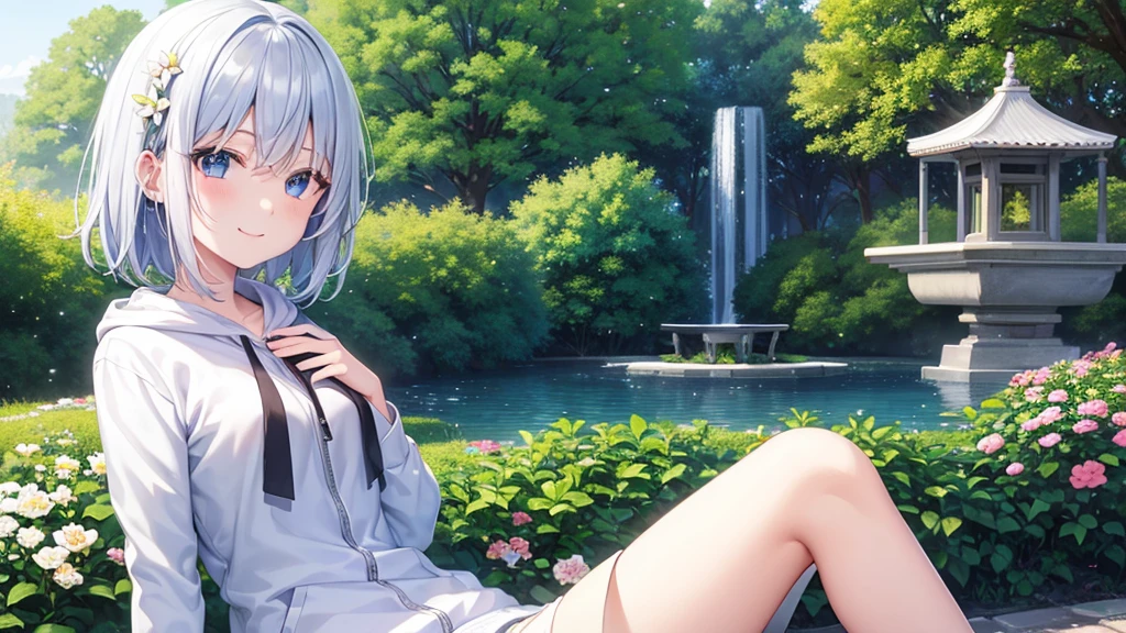 super high quality, with a girl, 20-year-old, very short hair, long bangs between the eyes, pale blue eyes , blue sky, sunlight, very detailed,(masterpiece、highest quality)、alone、gray hair、laughter、White skin as clear as snow、fantasy, silver hair, black eye, beautiful eyes,, ecstasy, charm, be smitten with audience, landscape shorts、white hoodie、Hoodie with open front、black shirt、fountain in the forest、flower garden、Smile at the sky、I can see the sea、cherry blossoms falling