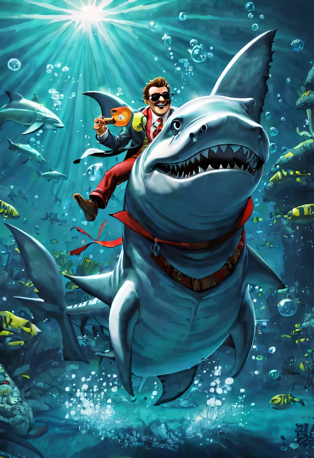 （character concept），Very unified CG design，（The leader of the Jaws gang in Reno wears sunglasses，smoke cigar.），（whole body），inspired by animation《shark story》，Reno Jaws is a huge、majestic great white shark，Wearing a red gemstone necklace and gold sunglasses，His skin is dark blue，Covered with white scars，His eyes are cold silver，Shining with cunning and wisdom， His teeth are very sharp，The tail is thick and powerful，background：Underwater Fairy Tale Office、bank office ，gas coming out of water，Lots of bubbles，Anthropomorphic cartoon、Pixar、cartoon、disney、