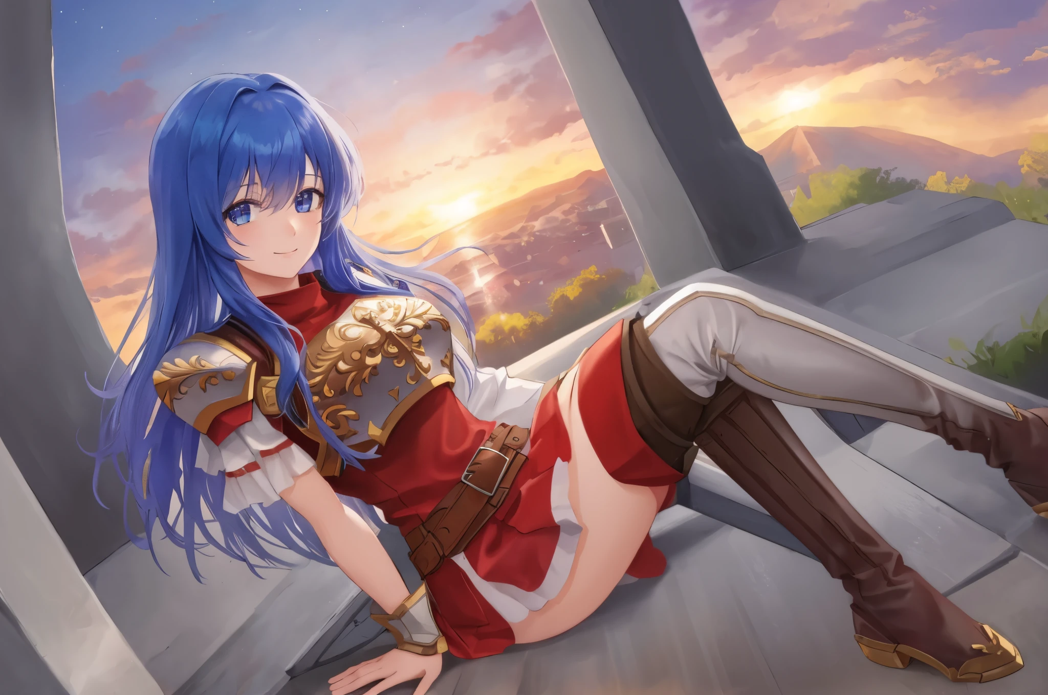 ((best quality)), ((masterpiece)), (detailed), caeda fe, 1girl, solo, looking at viewer, smile, sunset, shoulder armor, breastplate, nature, armor, short dress, red dress, thigh boots, thick thighs, belt