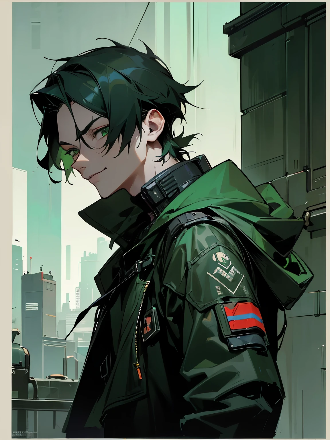 masterpiece, high detailed eyes, high detailed clothes, depressive, sci-fi, cyberpunk, anti-utopia, 1boy, man, solo, (green eyes), black hair, green military uniform with black accents, green hood thrown back over the head, comic face, comic smile on the face, cyborg, cyberpunk style, techware clothes