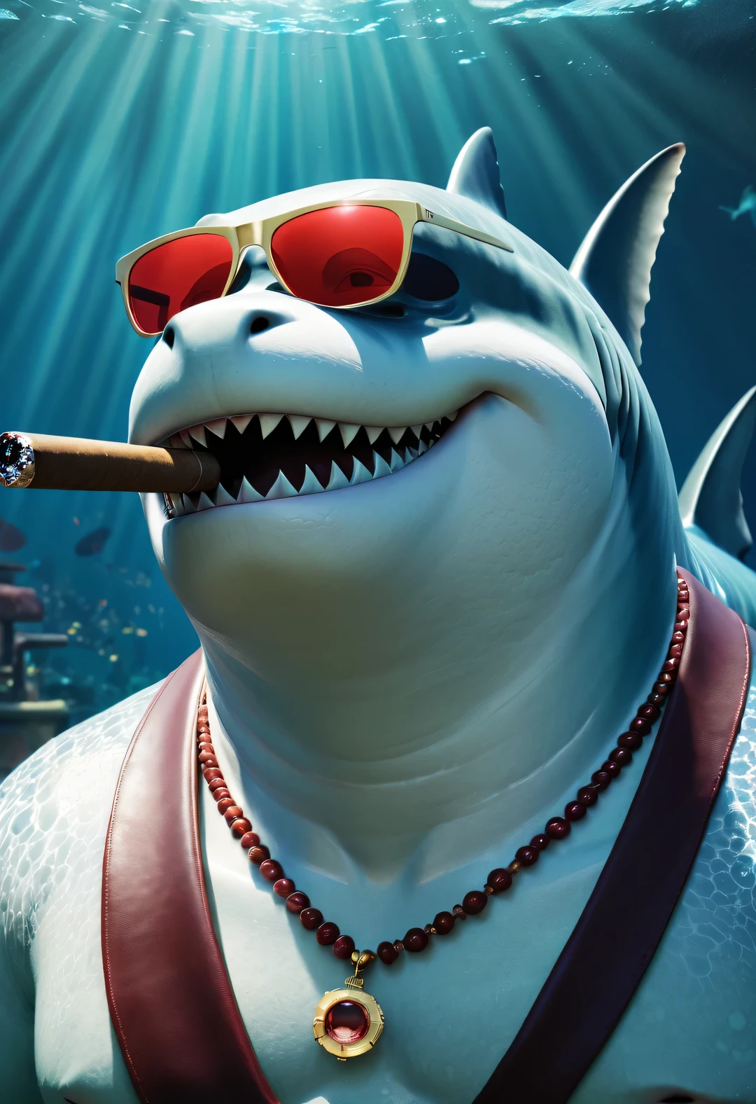 （character idea），Very unified CG design，（The leader of the Jaws gang in Reno wears sunglasses，Smoking a cigar.），（side of body），inspired by animation《shark story》，The Reno great white shark is a giant、majestic great white shark，Wearing a red gemstone necklace and gold sunglasses，His skin is dark blue，Covered with white scars，His eyes are cold silver，Shining with cunning and wisdom, His teeth are very sharp，The tail is thick and powerful，background：Underwater Fairy Tale Office、bank office ，gas coming out of water，bubble，Anthropomorphic cartoon、Pixar、cartoon、disney、